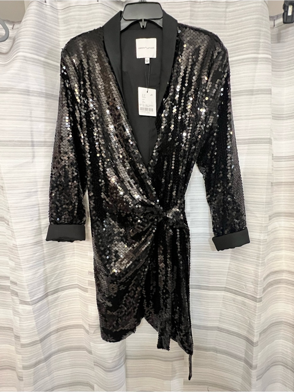 Gibson Latimer Black Sequin Wrap Mini Dress